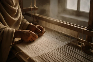Artisan weaver working on handloom during winter season, demonstrating traditional cold-season weaving techniques