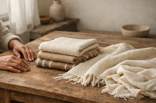 Artisan's reflective workspace with handloom textiles and traditional weaving tools, representing a year of handloom craft and artistry at O'Stori