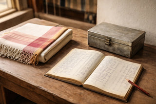 Handwoven textile with traditional border and vintage ledger on wooden table, representing artisan craft heritage and fair trade practices