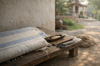 Handwoven textile with traditional tools on wooden bench in artisan workshop courtyard