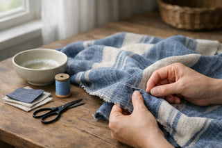 Hands mending blue textile fabric with needle and thread on wooden table with sewing supplies