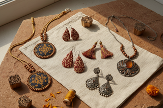 Flat-lay of handmade Indian jewellery sets including pendants and earrings on a warm linen surface, earthy tones