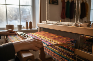 Artisan hands weaving on traditional handloom in winter light, creating handwoven textile with rich textures
