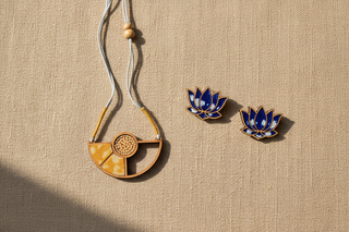 Handmade jewellery gifts under £50 — Yellow Geo Pendant Set and Indigo Lotus Bloom Set by O'Stori