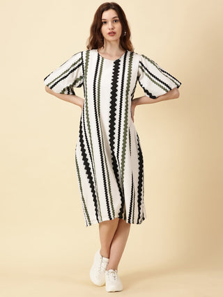 Cotton A-Line Midi Dress - Black & White