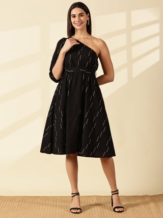 Selene One-Shoulder Midi Dress - Black