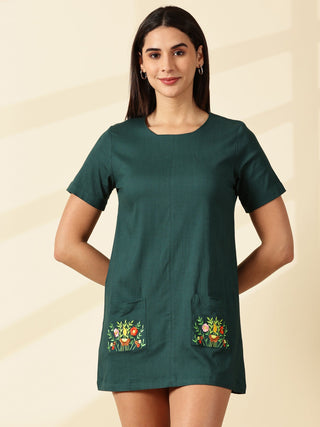 Sage Blossom Pocket Dress - Dark Green