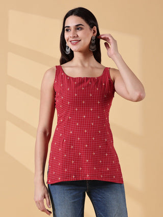 Kiyara Deep U-Back Cotton Kurti - Red