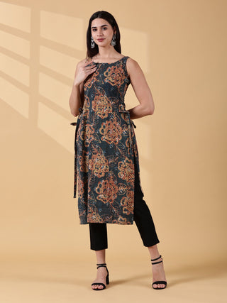 Pramiti Side-Slit Kurta-Deep Teal Earth Handblock Print