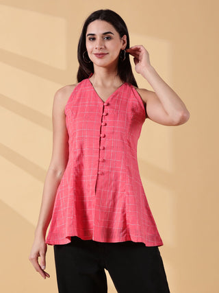 Anagha Halter Cotton Tunic - Coral Grid