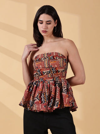 Janya Kalamkari Peplum Top - Rust & Indigo Handblock