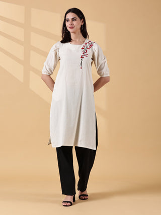 Cotton Embroidered Kurta- Ivory Bloom