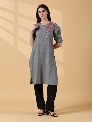 Cotton Embroidered Kurta - Slate Grey Bloom