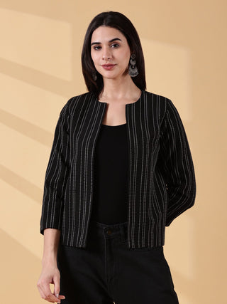 Midnight Classic Black Stripes-Rekha Handwoven Open Front Cotton Blazer