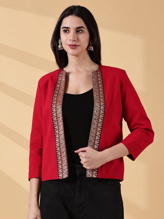 Festive Red Open-Front Blazer - Rekha Handwoven Cotton