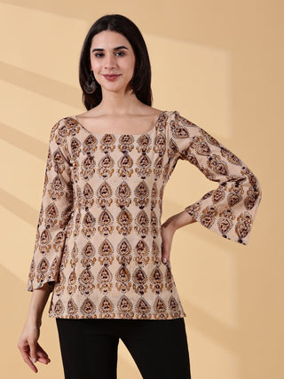 Tisha Full Sleeves Deep U-Back Cotton Kurti - Beige Kalamkari