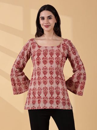 Disha Deep U-Back Cotton Kurti - Rose Red Kalamkari