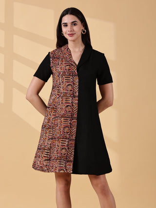 Kaya Half & Half Cotton Work Dress - Kalamkari & Black