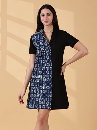 Kaya Half & Half Indigo Cotton Work Dress - Indigo & Black