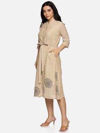 Beige Floral A-Line Dress 