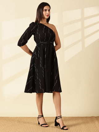 Selene One-Shoulder Midi Dress - Black
