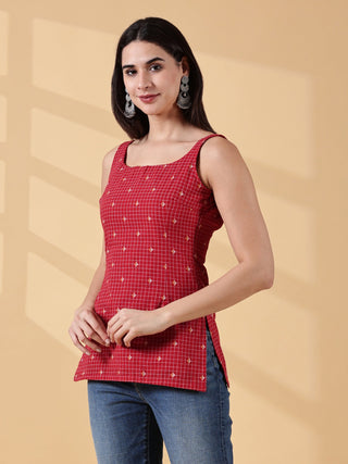Kiyara Deep U-Back Cotton Kurti - Red