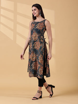 Pramiti Side-Slit Kurta-Deep Teal Earth Handblock Print