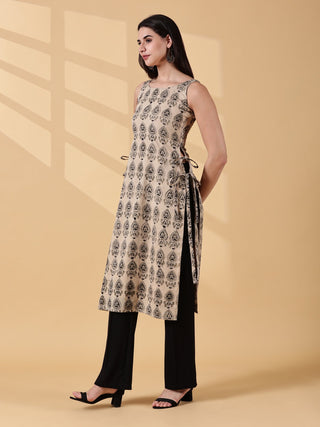Pramiti Side-Slit Cotton Kurta - Sand Beige & Black Kalamkari