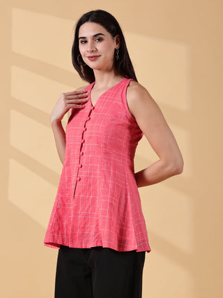 Anagha Halter Cotton Tunic - Coral Grid