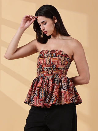 Janya Kalamkari Peplum Top - Rust & Indigo Handblock