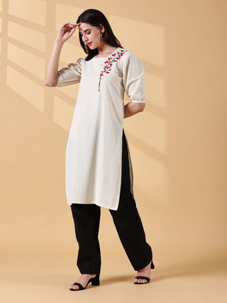 Cotton Embroidered Kurta- Ivory Bloom