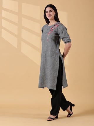 Cotton Embroidered Kurta - Slate Grey Bloom