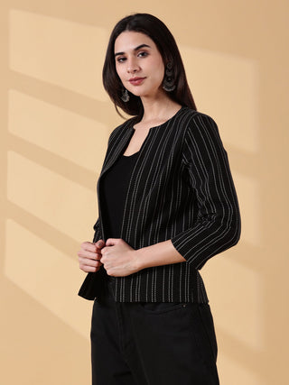 Midnight Classic Black Stripes-Rekha Handwoven Open Front Cotton Blazer