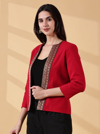 Festive Red Open-Front Blazer - Rekha Handwoven Cotton