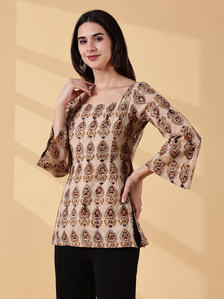 Tisha Full Sleeves Deep U-Back Cotton Kurti - Beige Kalamkari