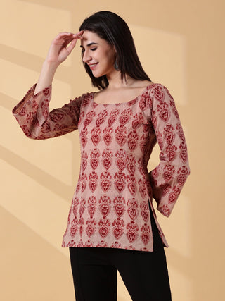 Disha Deep U-Back Cotton Kurti - Rose Red Kalamkari