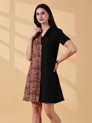 Kaya Half & Half Cotton Work Dress - Kalamkari & Black