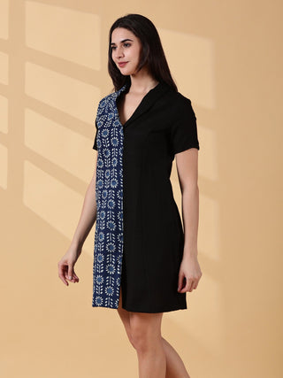 Kaya Half & Half Indigo Cotton Work Dress - Indigo & Black