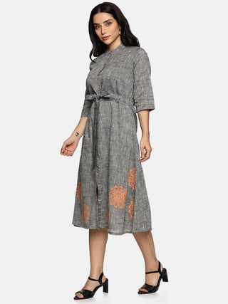 Grey Floral A-Line Dress 
