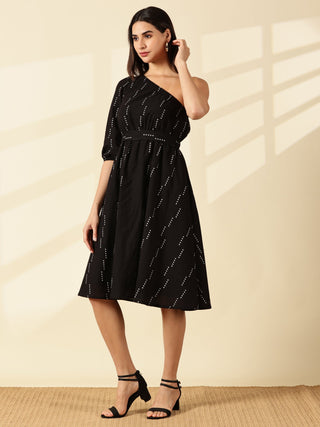 Selene One-Shoulder Midi Dress - Black