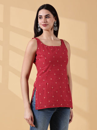 Kiyara Deep U-Back Cotton Kurti - Red