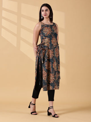 Pramiti Side-Slit Kurta-Deep Teal Earth Handblock Print