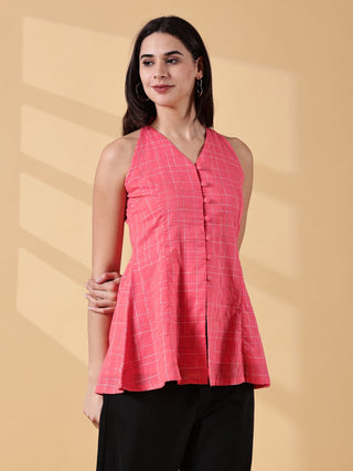 Anagha Halter Cotton Tunic - Coral Grid
