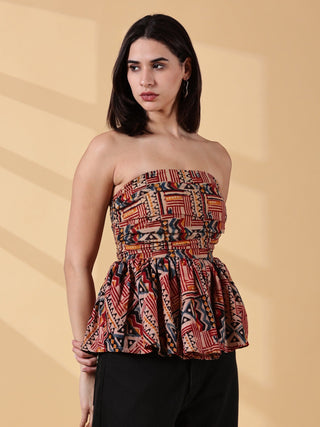 Janya Kalamkari Peplum Top - Rust & Indigo Handblock