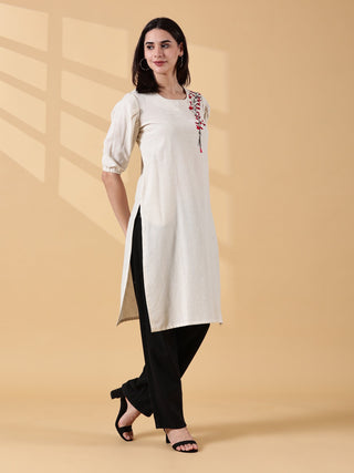 Cotton Embroidered Kurta- Ivory Bloom
