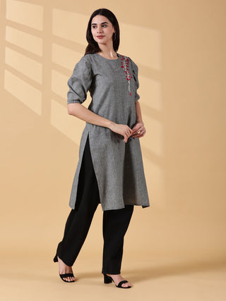 Cotton Embroidered Kurta - Slate Grey Bloom