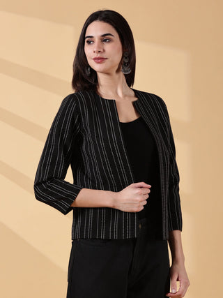 Midnight Classic Black Stripes-Rekha Handwoven Open Front Cotton Blazer