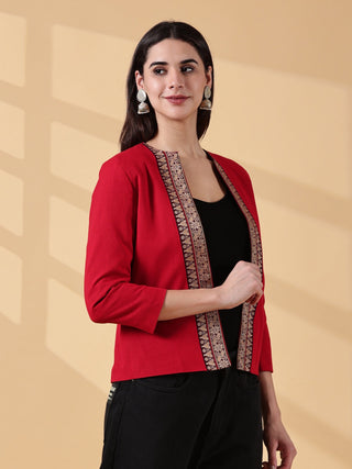 Festive Red Open-Front Blazer - Rekha Handwoven Cotton