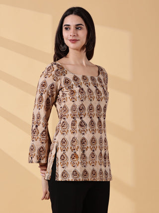 Tisha Full Sleeves Deep U-Back Cotton Kurti - Beige Kalamkari