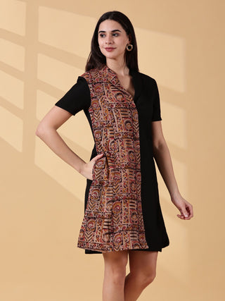 Kaya Half & Half Cotton Work Dress - Kalamkari & Black